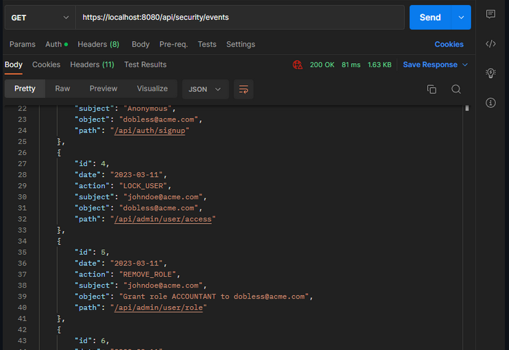Postman GET request that showing backend Logs