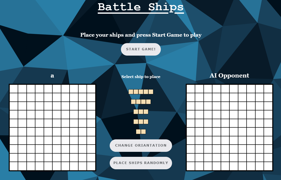 A webpage showing a game of battleship with players names controls