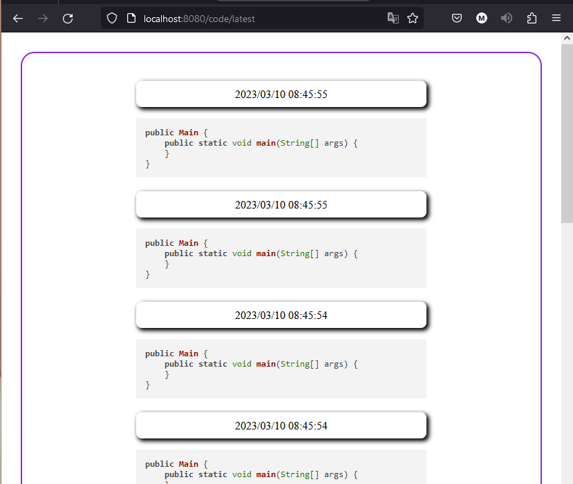 Page show casing code snippets with date of post