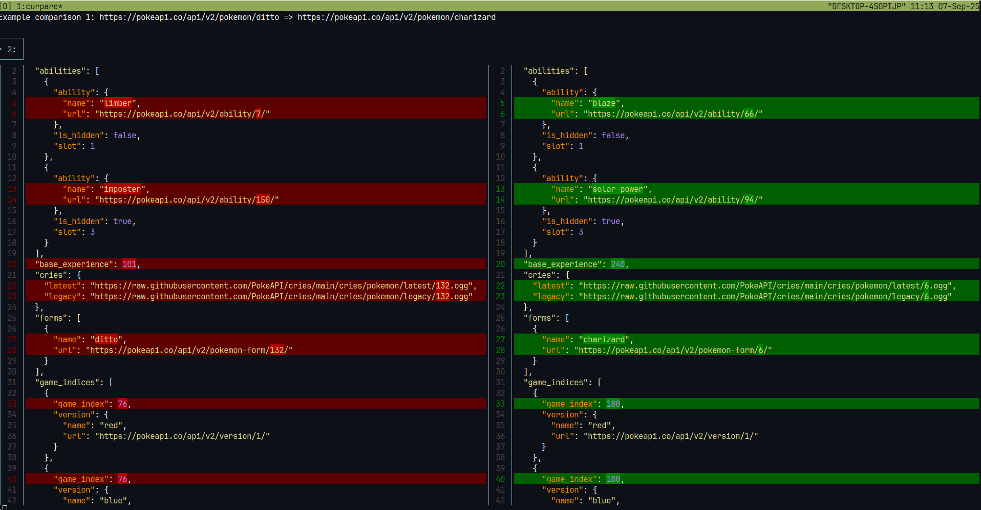 Photo of a split page with two JSON data being shown the different between them