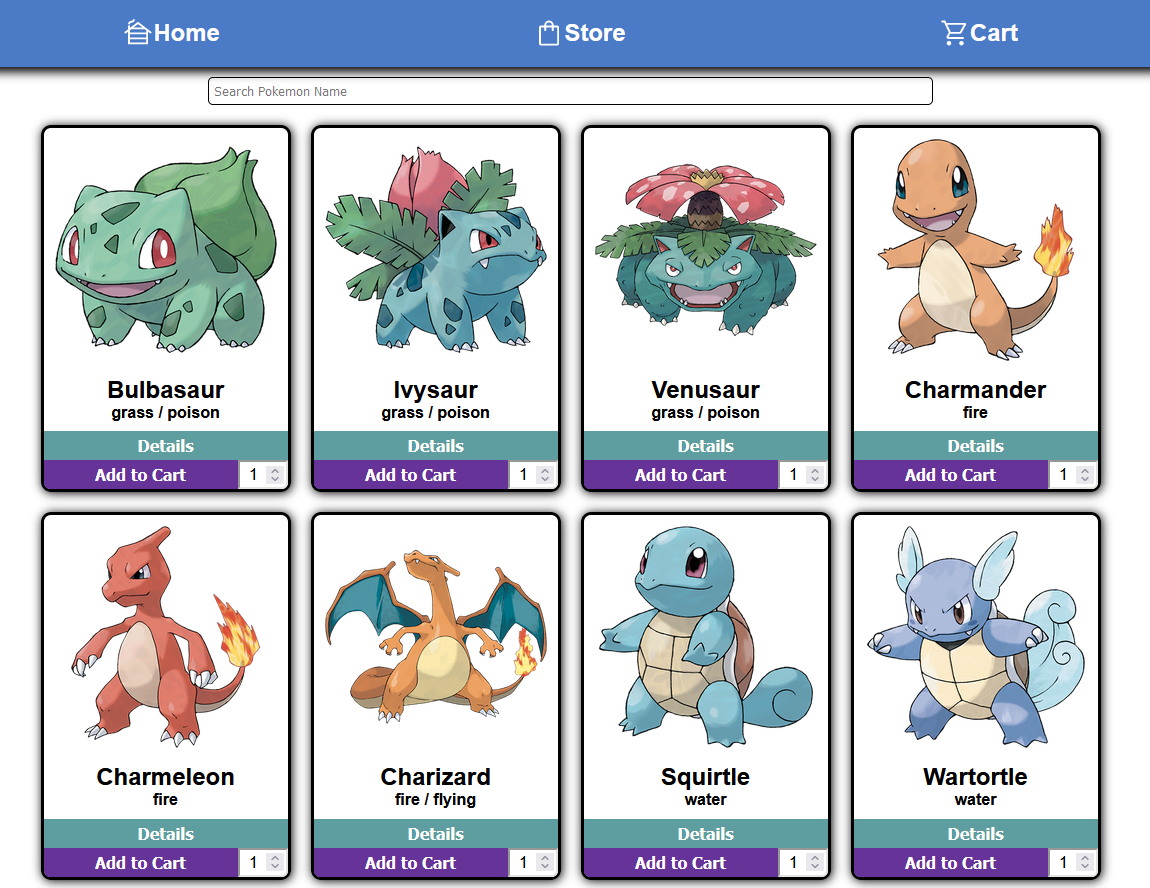Shopping page of multiple pokemon types